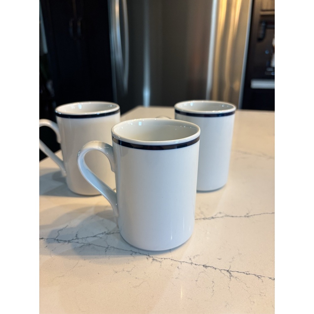 3 Dansk Bistro Christianshavn Blue Stripe Coffee Mugs White Portugal 12 oz